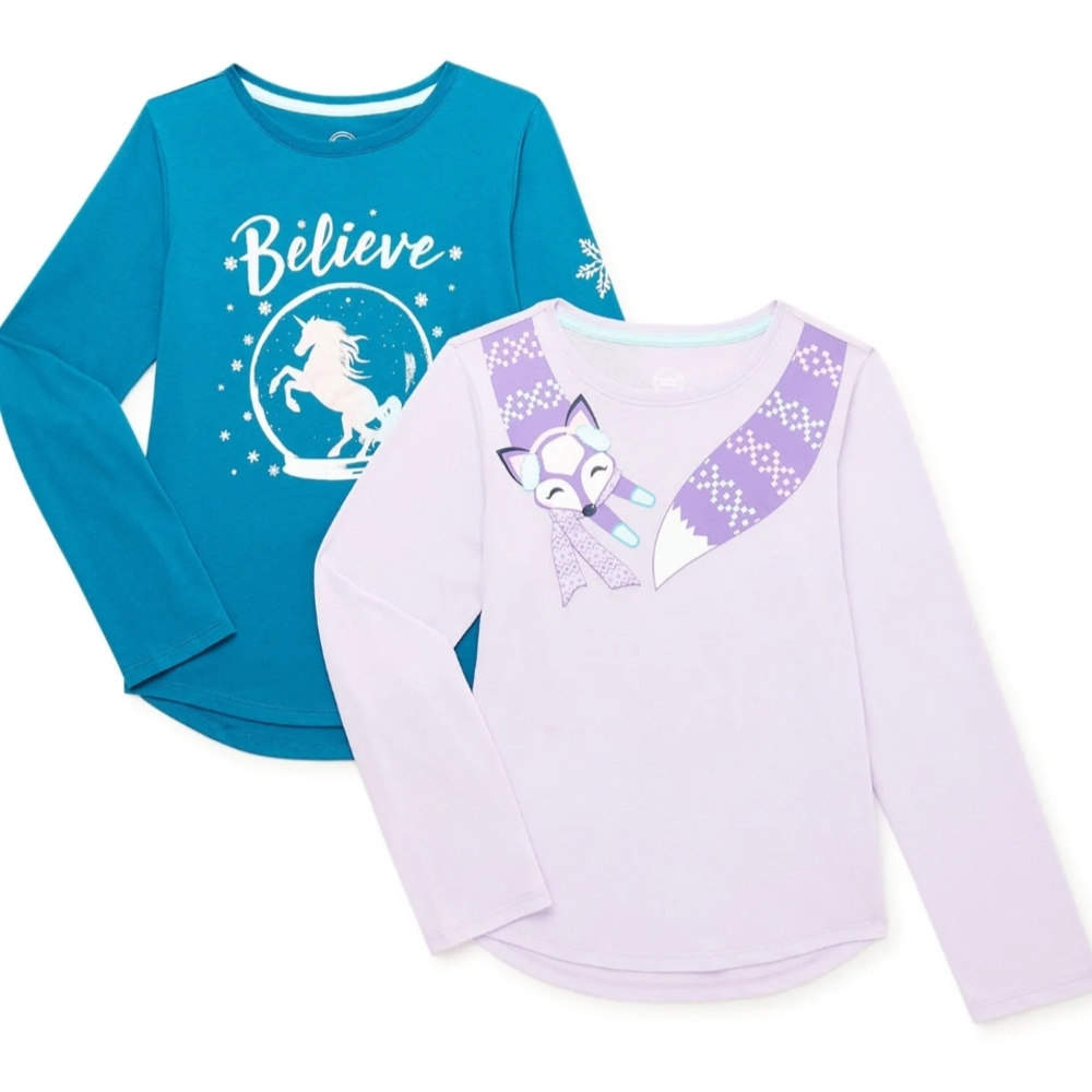 Kids Long Sleeve Shirts - Teal Unicorn & Lavender Fox Size 7-8 Medium - Picture 1 of 1